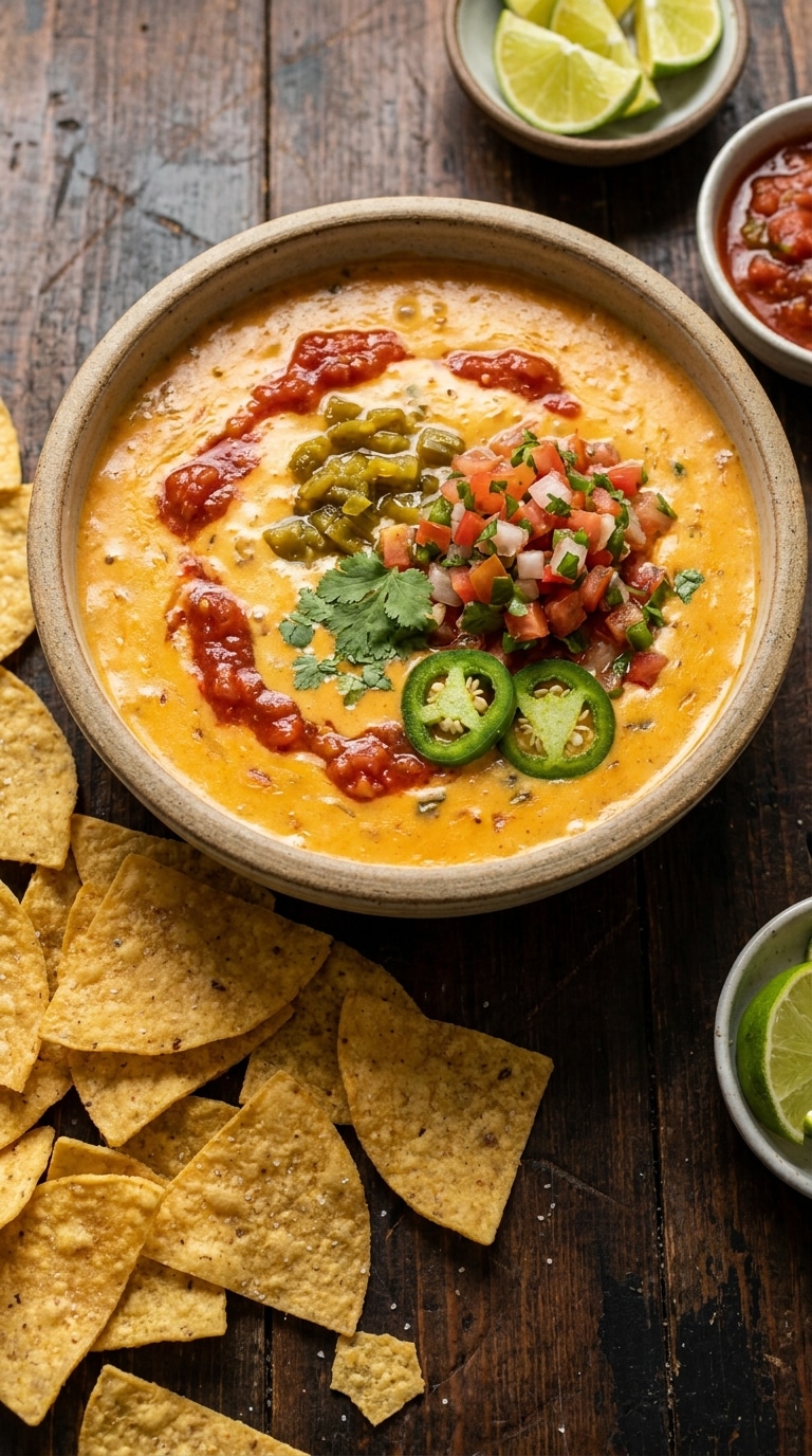 A bowl of warm, smooth orange queso dip topped with jalapenos and cilantro, surrounded by tortilla chips.