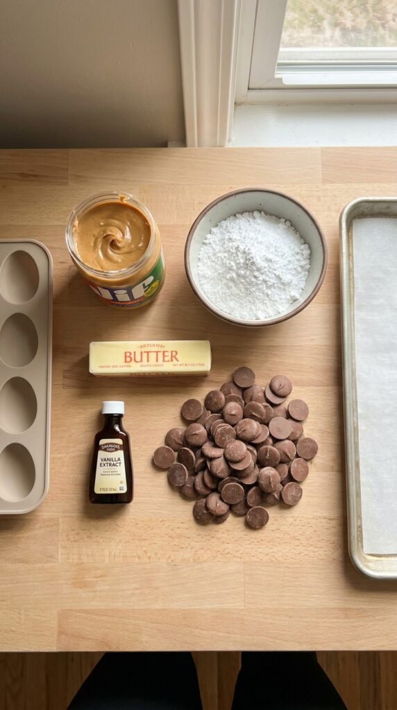 A flat lay of peanut butter, powdered sugar, butter, vanilla, and chocolate wafers on a wooden surface.