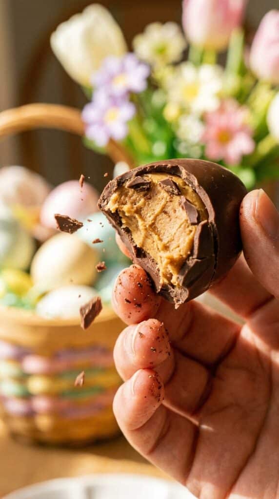 A close-up of a hand holding a homemade peanut butter egg with a bite taken out, showing the creamy center.