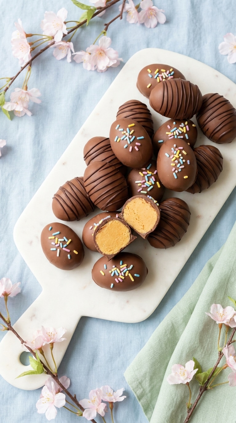 A platter of homemade milk chocolate-covered peanut butter eggs, one sliced open to show the creamy center.