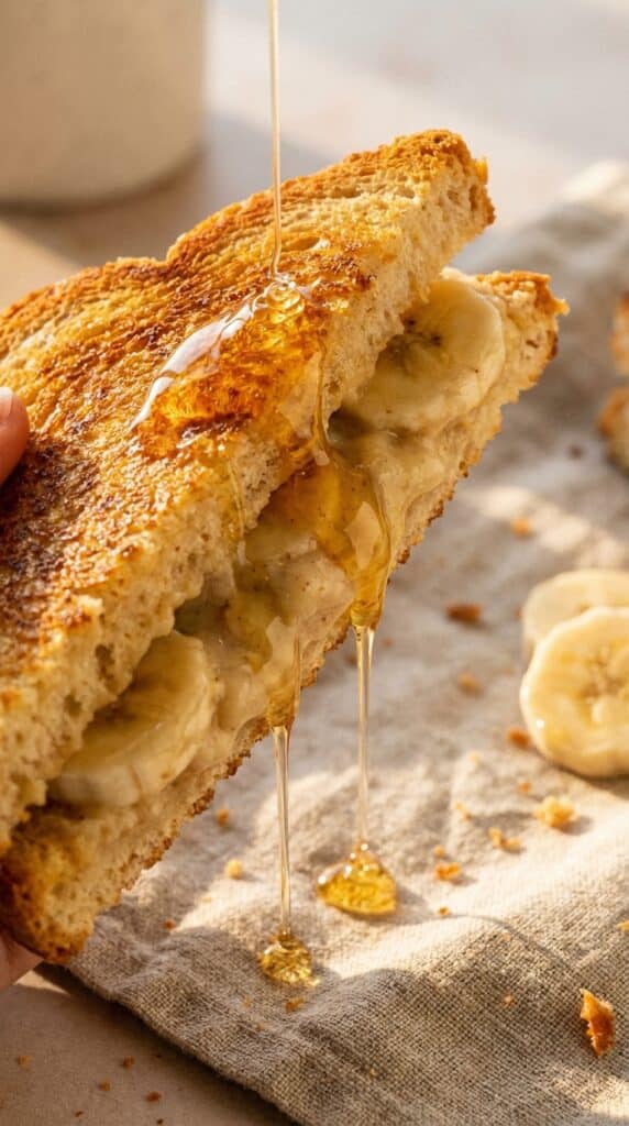 A macro close-up of a toasted banana and honey sandwich with honey dripping down the side of the crispy bread.