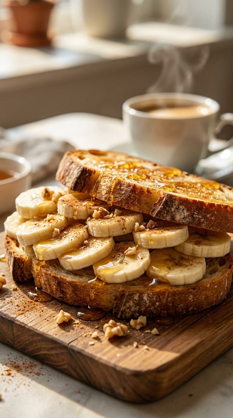 A gourmet open-faced honey and banana sandwich on toasted sourdough, drizzled with golden honey and topped with cinnamon.