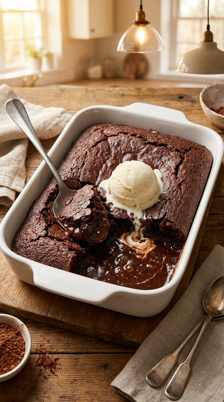 A dark chocolate pudding cake in a white baking dish with a scoop of melting vanilla ice cream and rich chocolate sauce underneath.