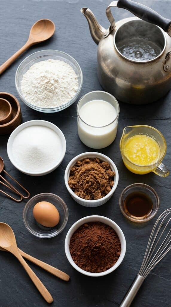 A flat lay showing organized ingredients: flour, sugars, cocoa powder, milk, butter, an egg, vanilla, and a boiling water kettle on a slate counter.