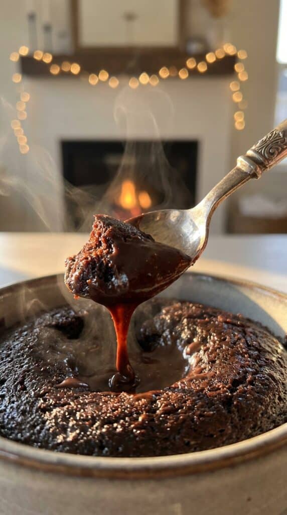 A close-up of a silver spoon lifting a bite of warm chocolate pudding cake, revealing molten hot fudge sauce.
