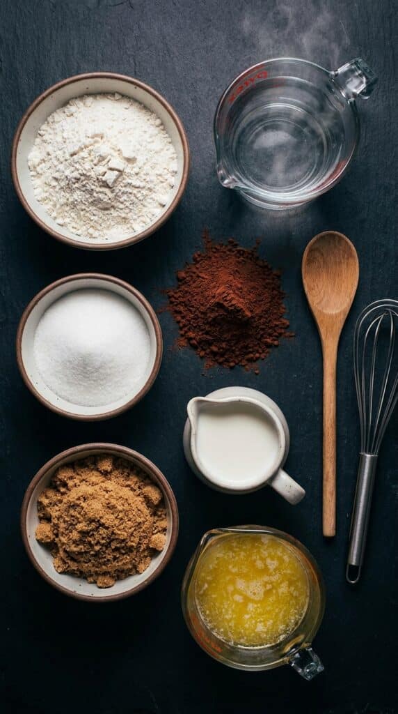 A flat lay of baking staples: cocoa powder, flour, sugar, milk, and steaming hot water on a dark background.