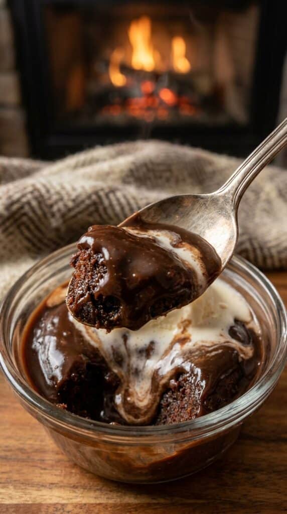 A close-up of a spoon lifting a bite of chocolate cake dripping with hot fudge sauce and melted ice cream.