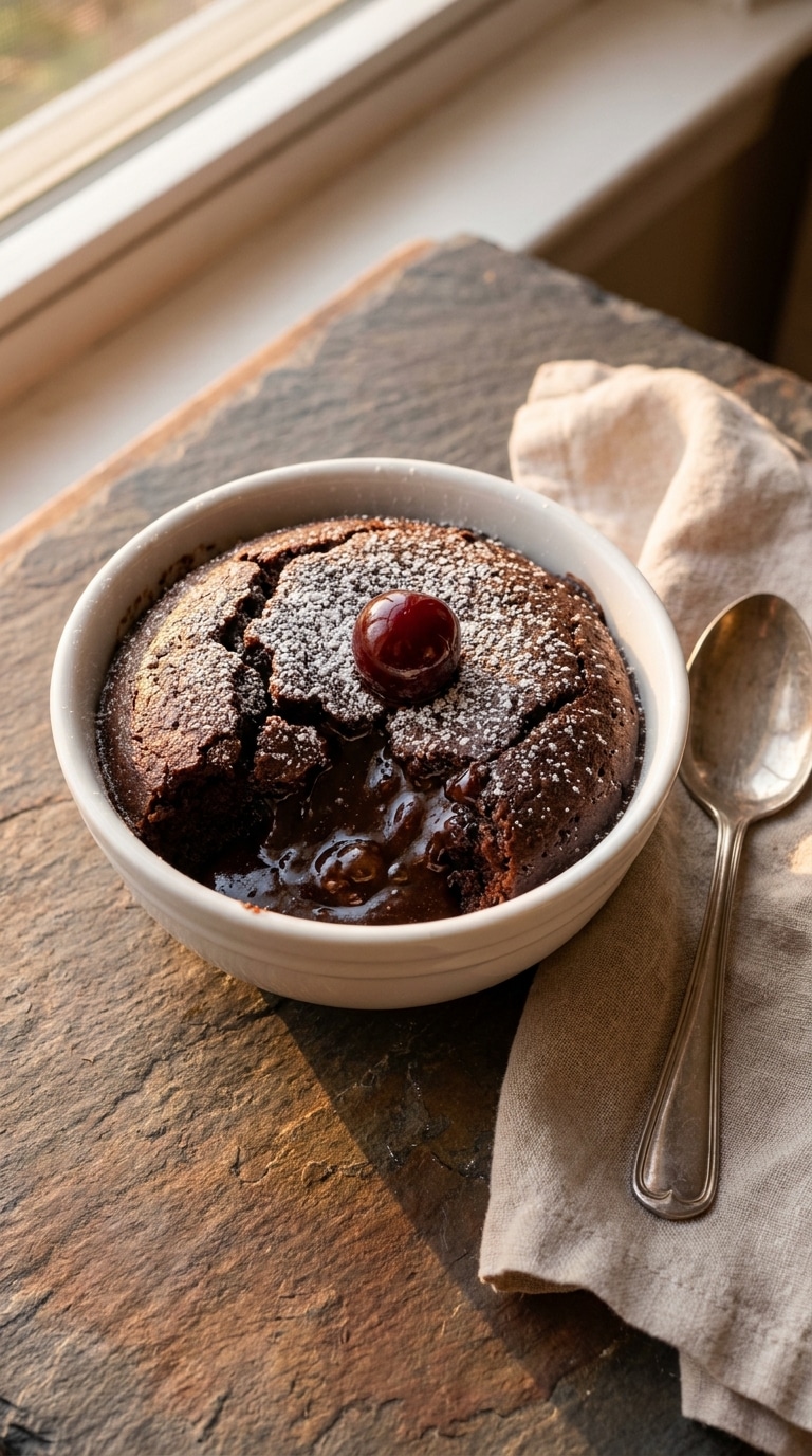 A close-up of a rustic white bowl with a scoop of warm chocolate pudding cake and its molten hot fudge sauce, dusted with powdered sugar and a maraschino cherry.