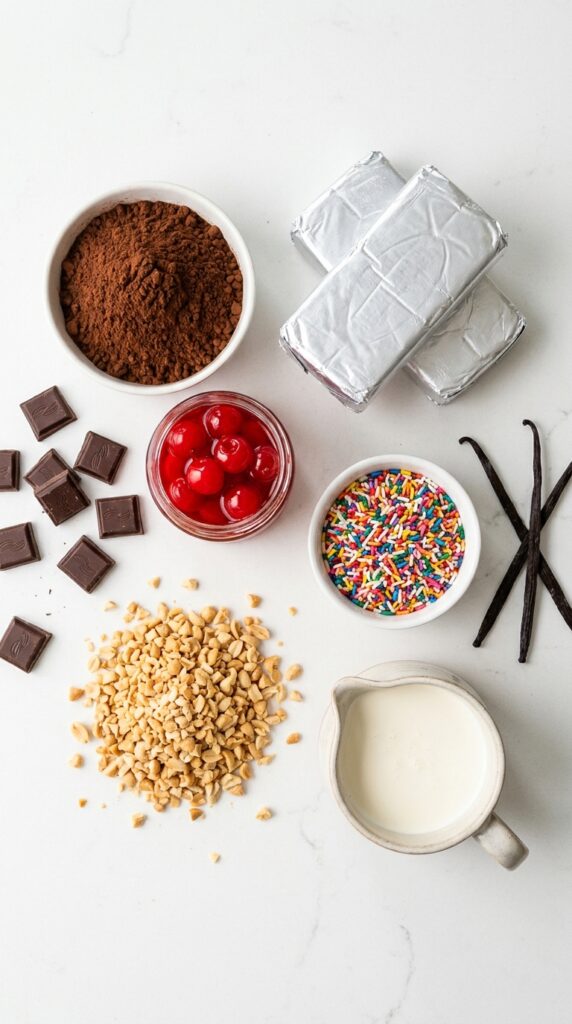 Flat lay of cocoa powder, cream cheese, maraschino cherries, sprinkles, and heavy cream on a white counter.