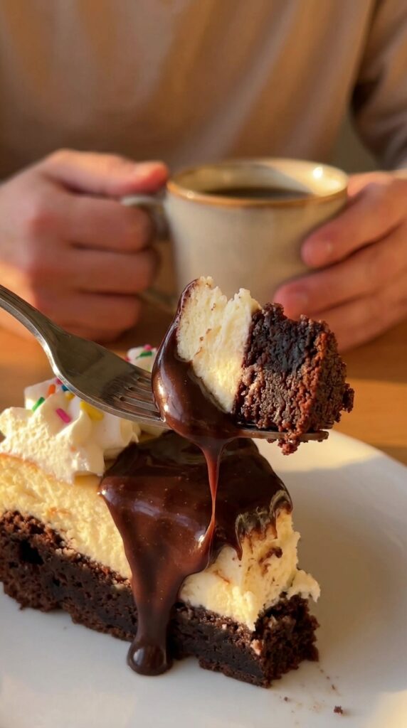 A close-up of a fork taking a bite of layered brownie cheesecake with dripping chocolate and sprinkles.