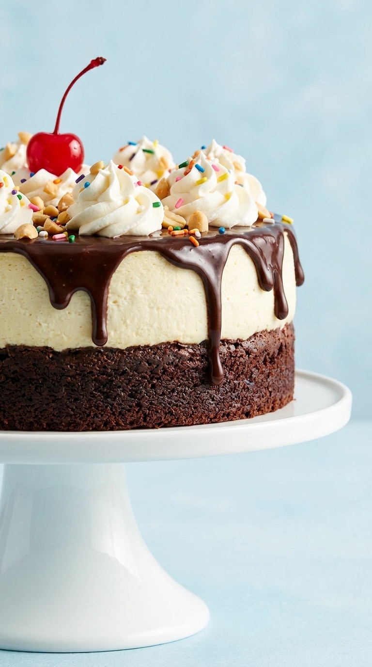 A tall slice of brownie-bottom cheesecake topped with thick hot fudge, whipped cream, sprinkles, and a cherry.