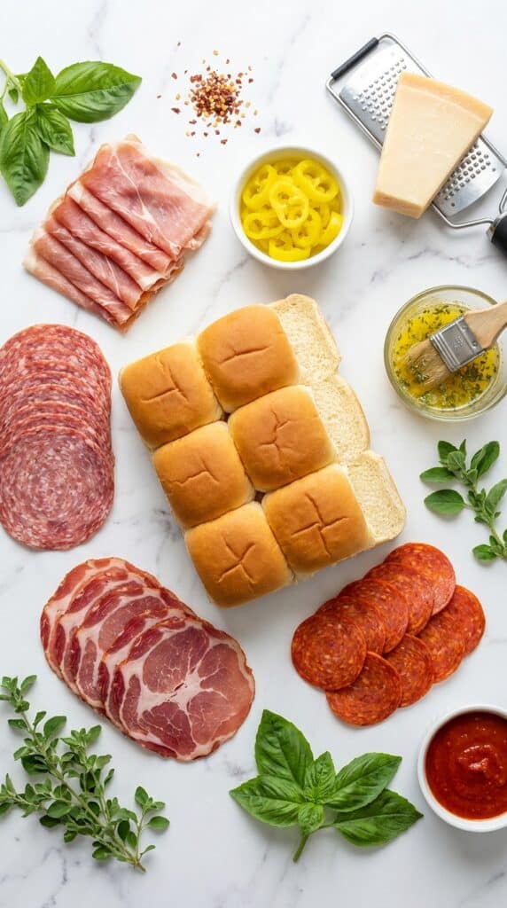 An organized flat lay of deli meats, slider buns, provolone cheese, and peppers on a marble counter.