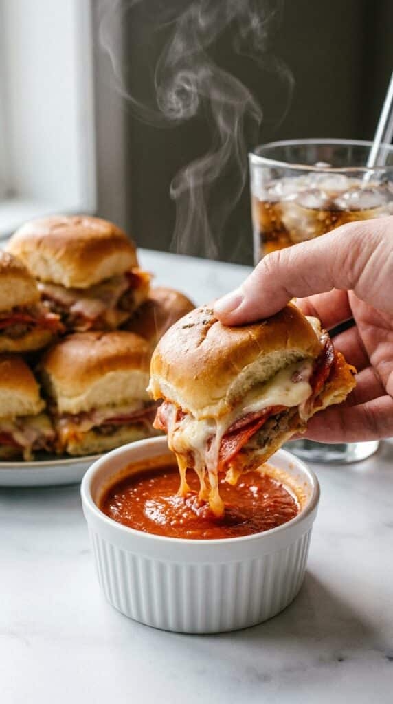A hand dipping a toasted Italian slider into a cup of tomato sauce, showing the layers of meat and cheese.