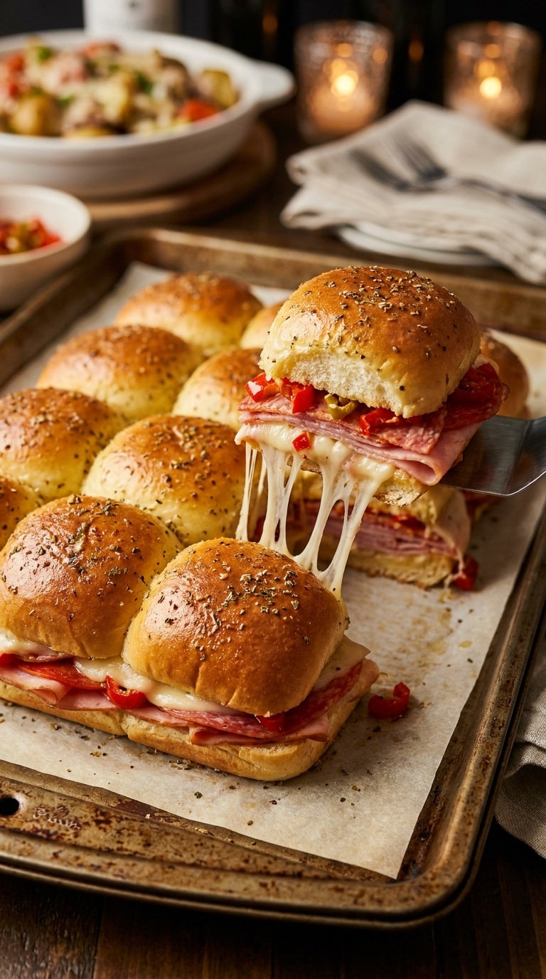 A close-up of pull-apart Italian sliders on a baking sheet with melted cheese and golden buttery tops.