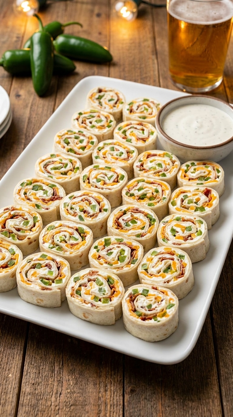 A platter filled with tortilla pinwheels showing a spiral filling of cream cheese, jalapenos, cheddar, and bacon.