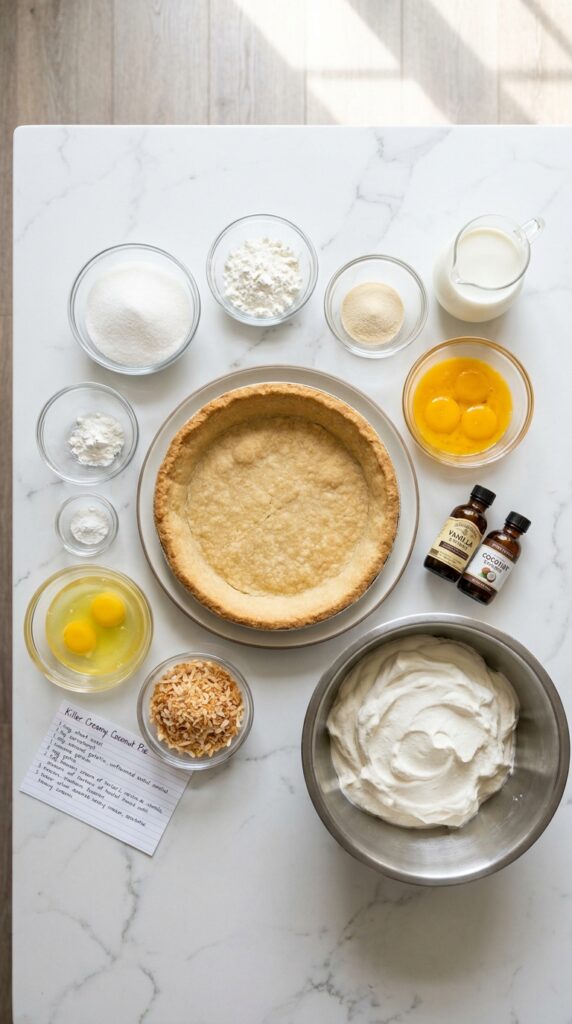 An organized flat lay of pre-baked pie shell, milk, sugar, gelatin, eggs, cream, extracts, and toasted coconut on a marble counter.