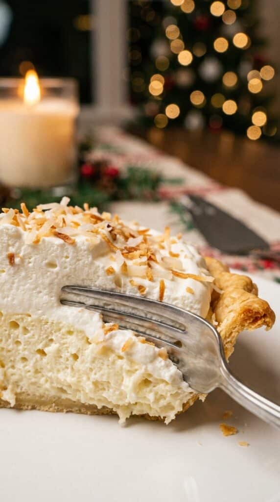 A close-up of a fork cutting into a slice of coconut pie, revealing a highly voluminous and airy chiffon structure.