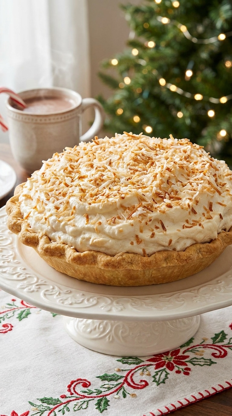 A high, cloud-like coconut chiffon pie with a golden toasted coconut topping in a pre-baked shell, on a holiday stand.