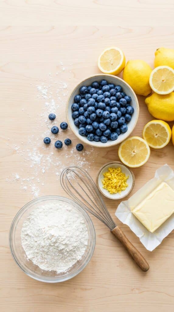 A top-down arrangement of fresh lemons, blueberries, flour, butter, and zest on a wooden surface.