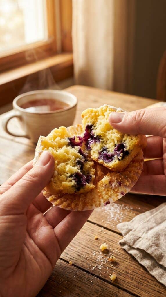 A close-up of a lemon blueberry cupcake being pulled apart, revealing a soft center filled with juicy purple berries.
