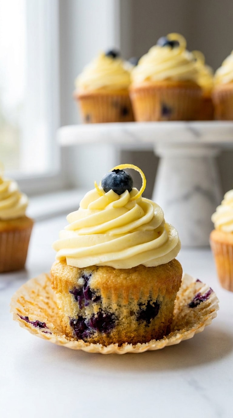A moist lemon cupcake filled with blueberries, topped with a tall swirl of lemon cream cheese frosting and fresh zest.