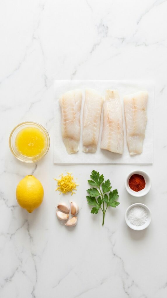 Raw cod fillets, melted butter, fresh lemons, garlic, and spices arranged neatly on a marble counter.