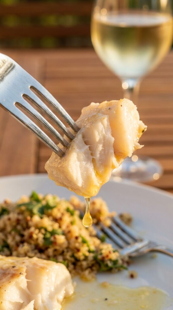 A close-up of a fork flaking a moist, butter-coated cod fillet with a drop of sauce falling.