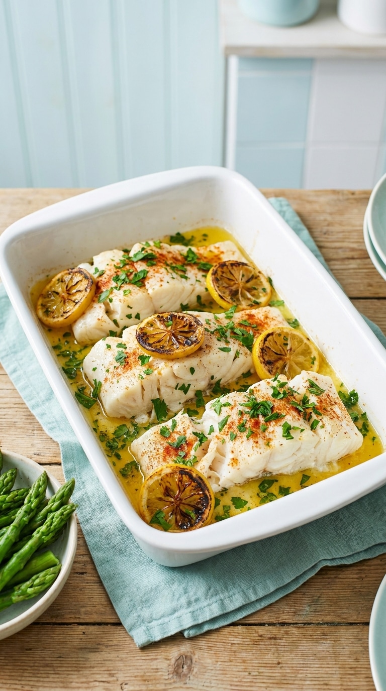 Three baked cod fillets glistening with lemon butter sauce, topped with lemon slices and parsley in a white baking dish.