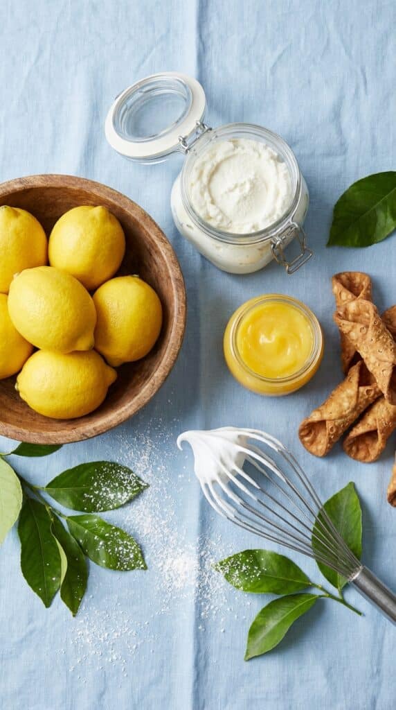 An organized flat lay of lemons, ricotta cheese, lemon curd, and cannoli shells on blue linen.