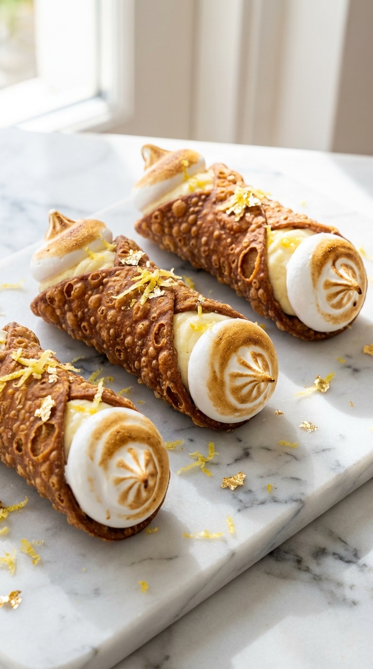 Three crisp cannoli shells filled with lemon cream and topped with toasted meringue swirls on a marble surface.