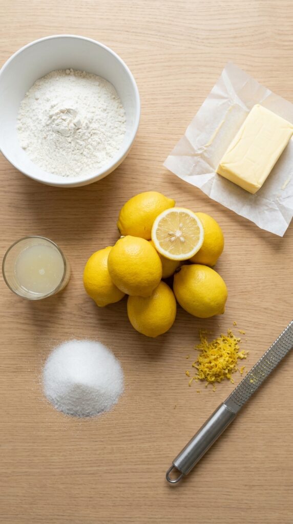 A flat lay of lemons, flour, sugar, butter, and a zester on a light wooden table.
