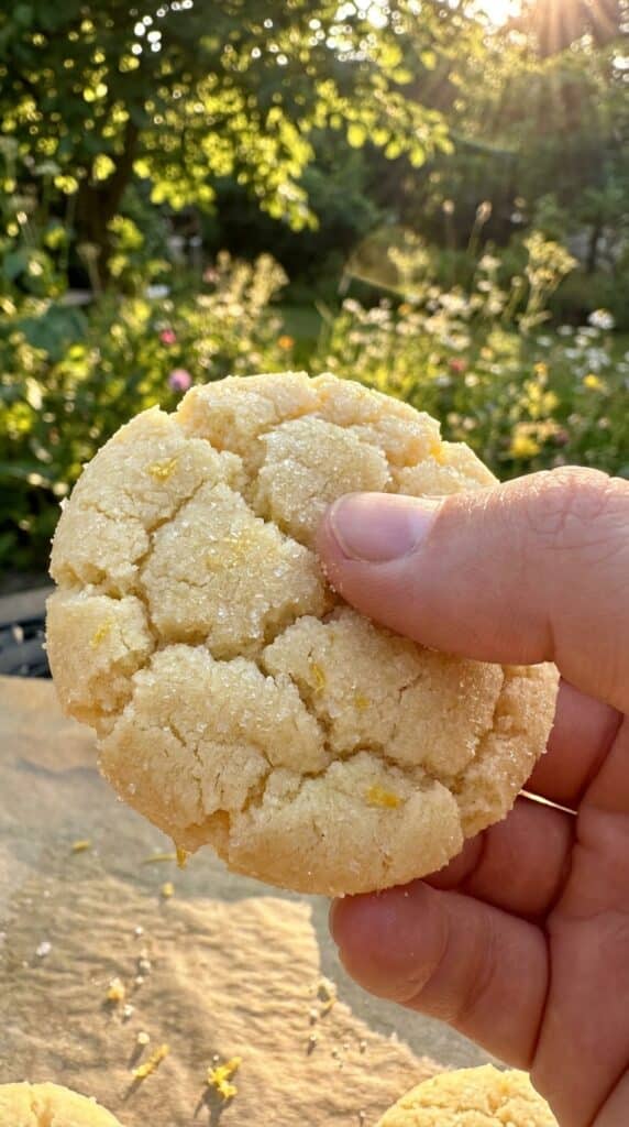 A close-up of a hand touching a soft, sugar-coated lemon cookie, showing its chewy texture.
