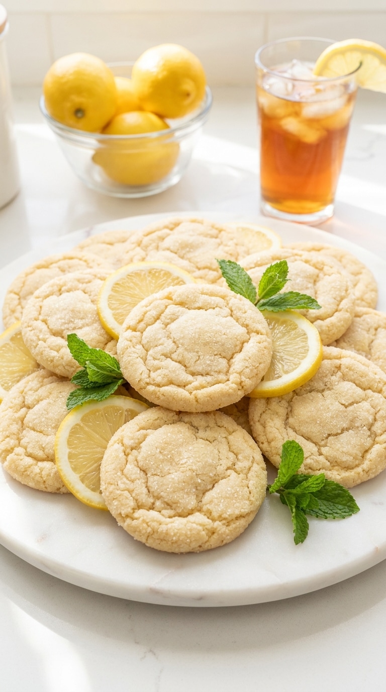 A white marble platter of soft, sugar-crusted lemon cookies garnished with fresh lemon slices.