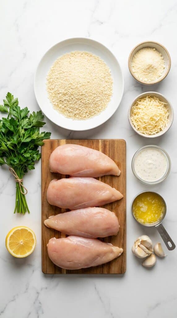 A flat lay of raw chicken, Panko breadcrumbs, parmesan cheese, ranch dressing, butter, and garlic on a marble counter.
