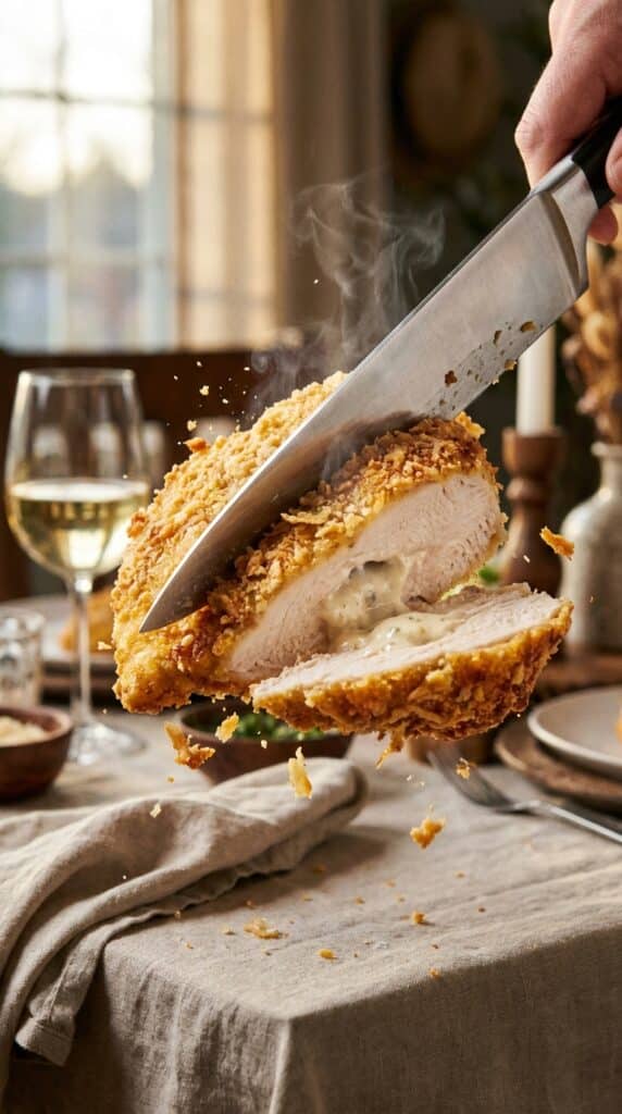 A close-up of a knife slicing into a golden parmesan-crusted chicken breast, showing the juicy meat and creamy sauce inside.