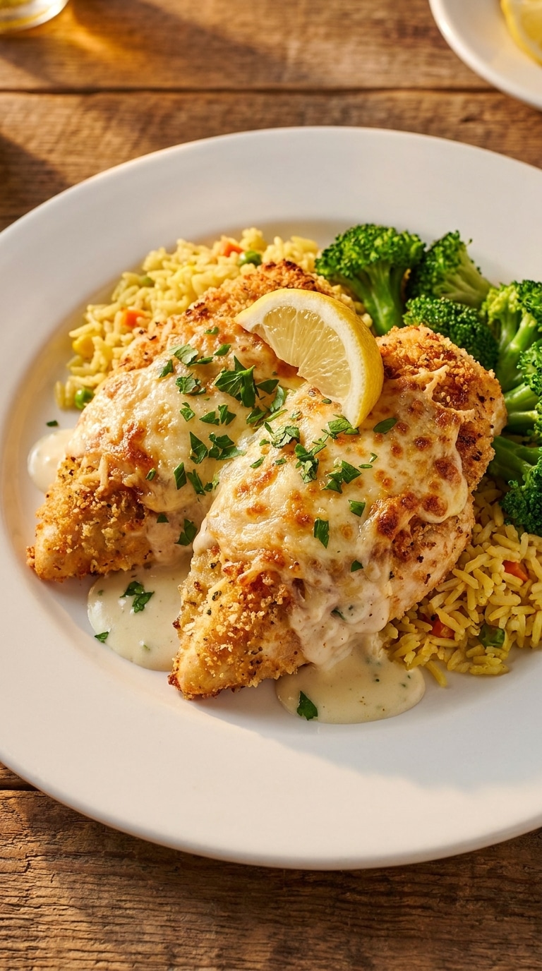 Golden-brown parmesan-crusted chicken breasts served with rice and broccoli on a white plate.