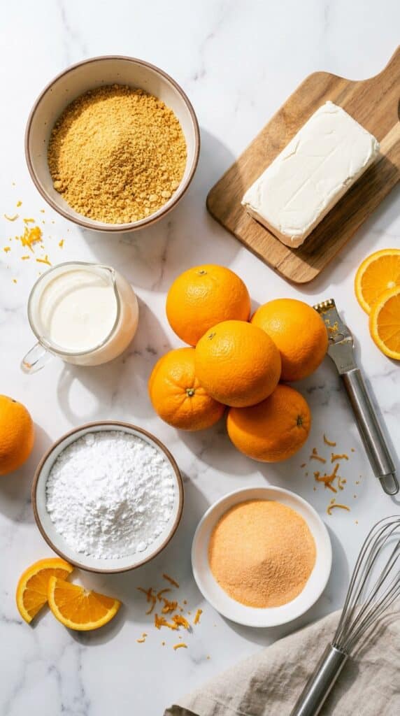 Flat lay of cheesecake ingredients including fresh oranges, cream cheese, graham cracker crumbs, and heavy cream on marble.
