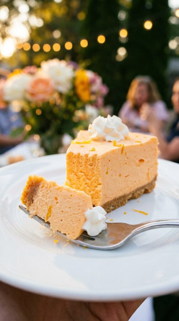 A close-up of a fork taking a bite of a light and airy orange creamsicle cheesecake slice.