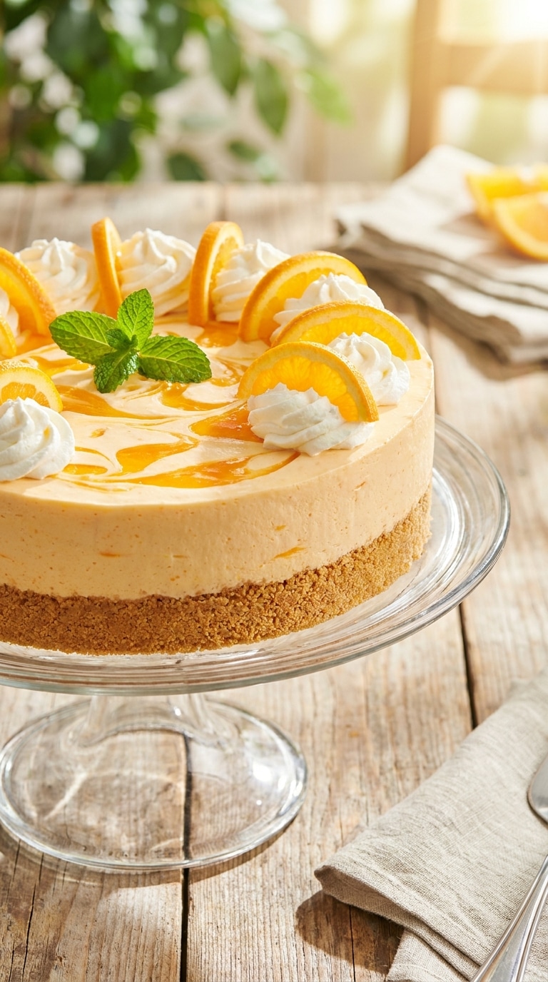 A tall no-bake orange cheesecake with orange swirls, whipped cream, and fresh orange slices on a glass stand.
