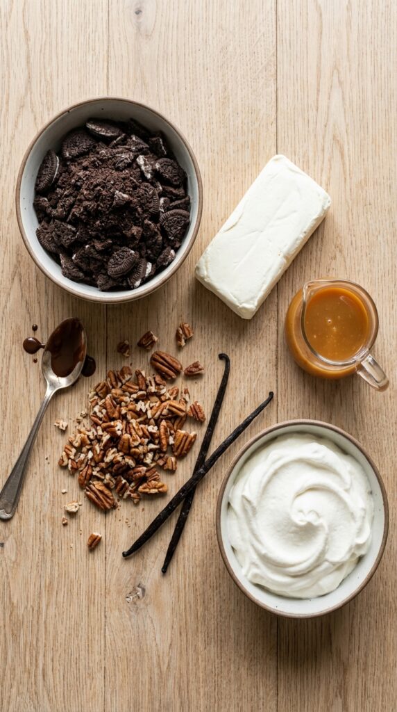 An organized flat lay of Oreo crumbs, cream cheese, caramel sauce, pecans, and whipped cream.