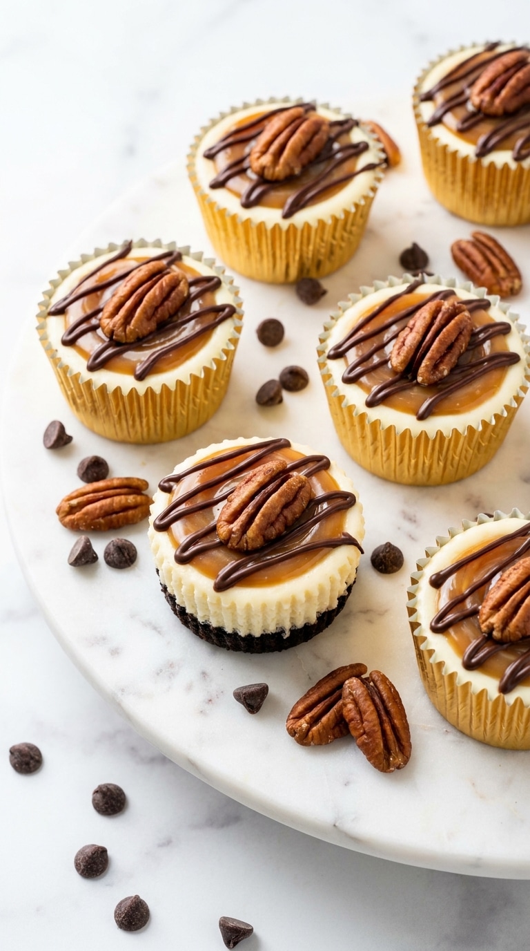 A group of mini no-bake cheesecakes topped with caramel, chocolate drizzle, and pecans on a marble tray.