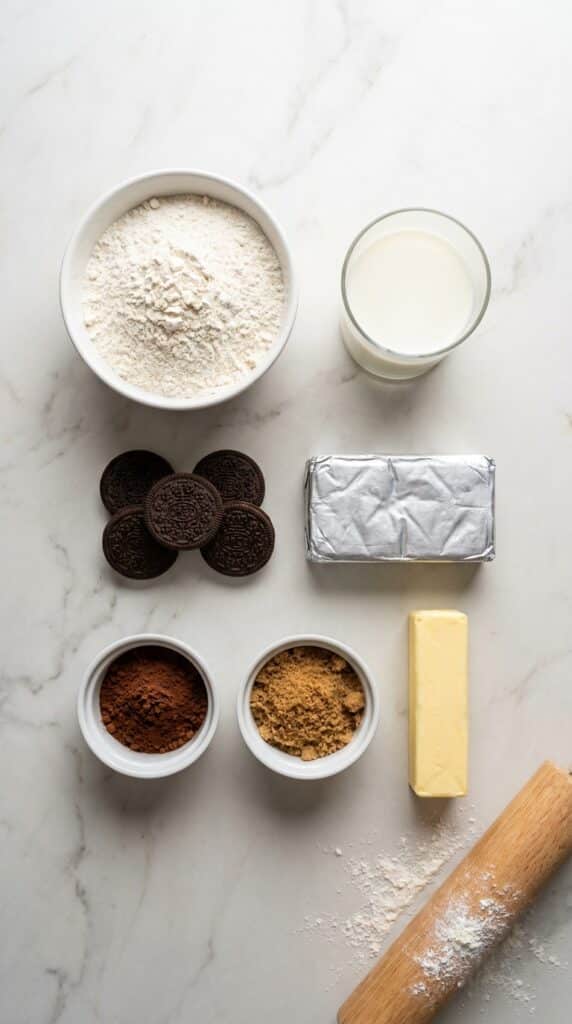 A flat lay showing Oreo cookies, flour, milk, cream cheese, and cocoa powder arranged on a marble surface.