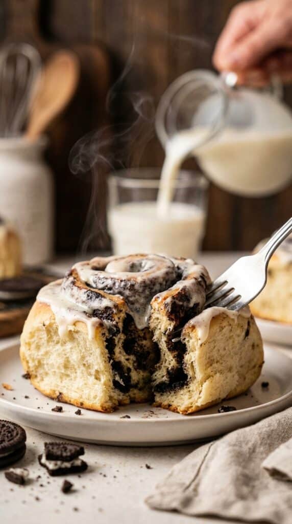 A close-up of a soft Oreo cinnamon roll being pulled apart, showing the dark cookie filling and melting white frosting.