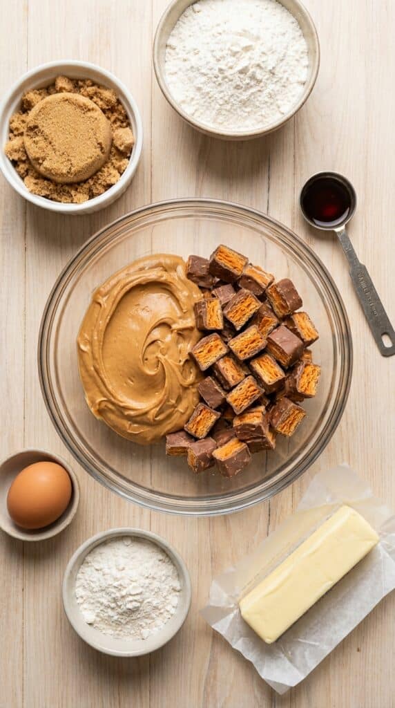 A flat lay of peanut butter, chopped Butterfinger bars, flour, eggs, and sugars on a light wooden table.