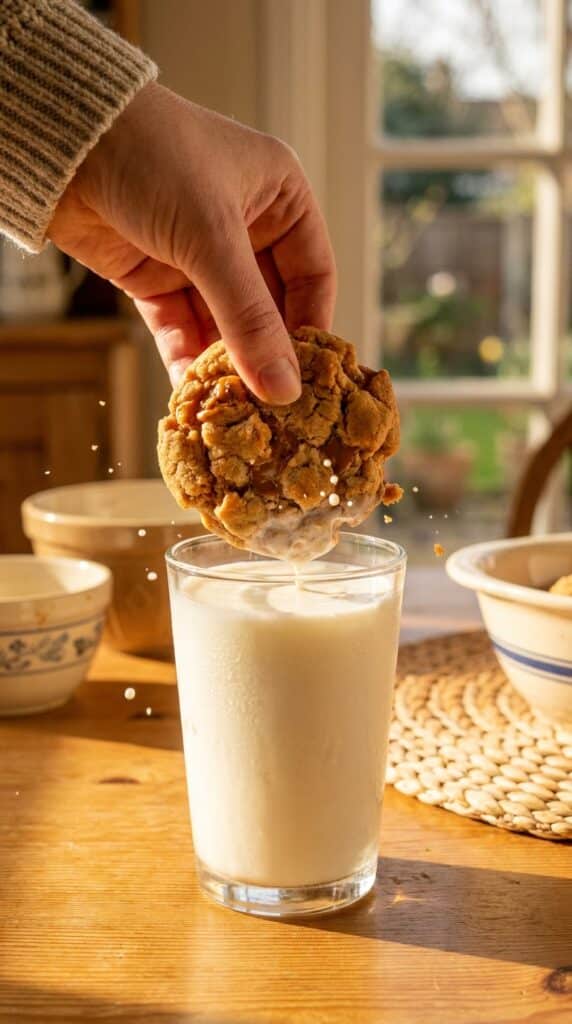 A close-up of a hand dunking a large peanut butter candy cookie into a tall glass of milk.