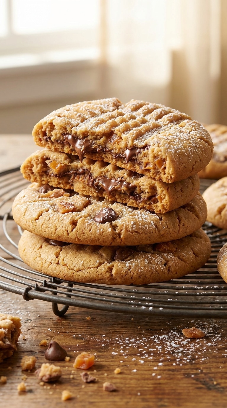 A stack of soft peanut butter cookies loaded with crushed Butterfinger candy pieces on a wire cooling rack.