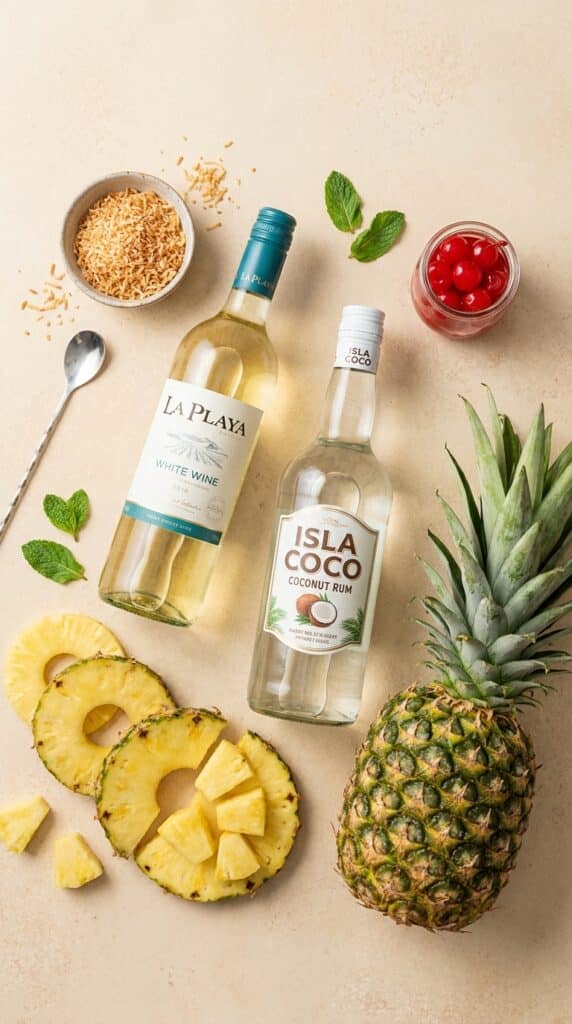 A flat lay of white wine, coconut rum, pineapple slices, toasted coconut, and cherries on a neutral background.