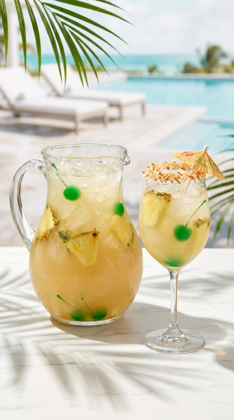 A glass pitcher and wine glass of tropical Piña Colada Sangria with pineapple slices and toasted coconut rims.