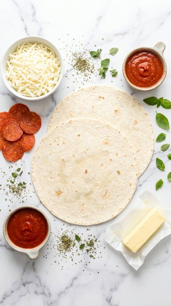 Organized ingredients for a pizza quesadilla including tortillas, pepperoni, mozzarella, and marinara sauce on marble.