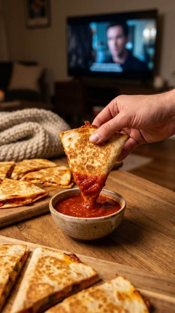A hand dipping a slice of pepperoni pizza quesadilla into red sauce, lifestyle setting.